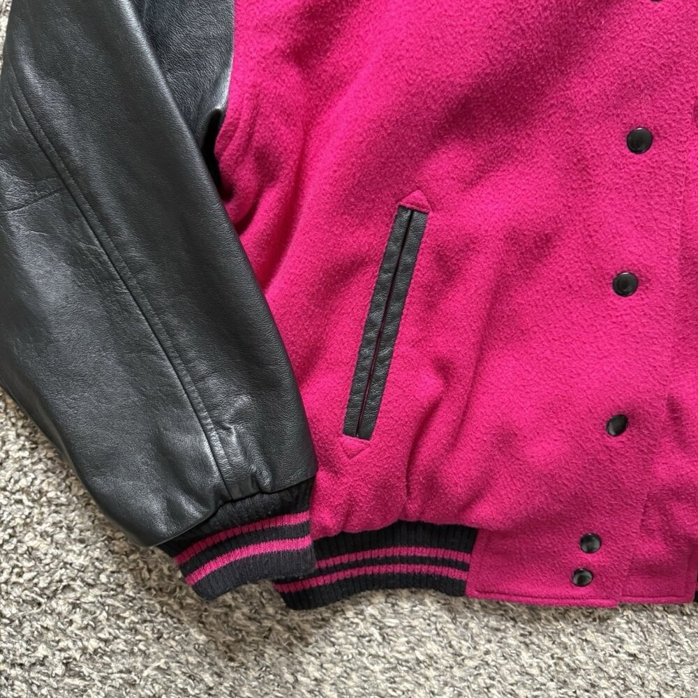Vintage Lizsport Hot Pink Varsity Bomber Jacket Women’s Large Wool Leather Patch - Picture 6 of 11